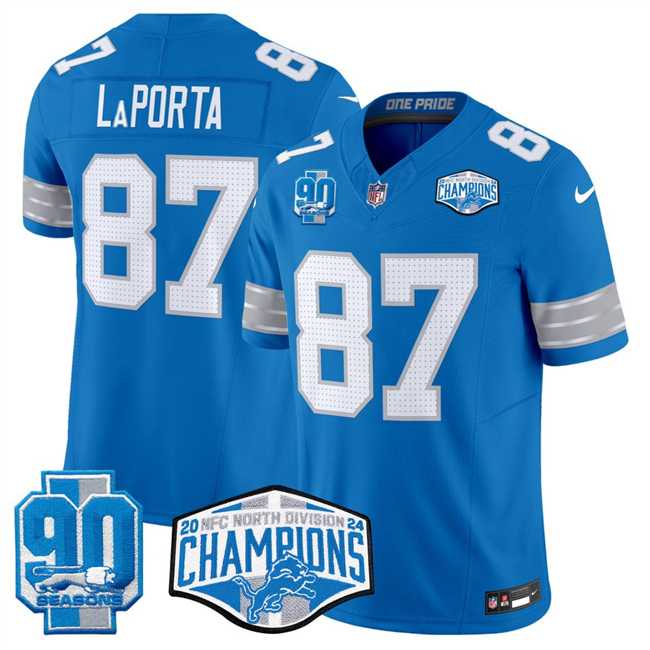Men%27s Detroit Lions #87 Sam LaPorta Blue 2024 NFC North Champions 90th Anniversary Patch F.U.S.E. Vapor Limited Stitched Jersey